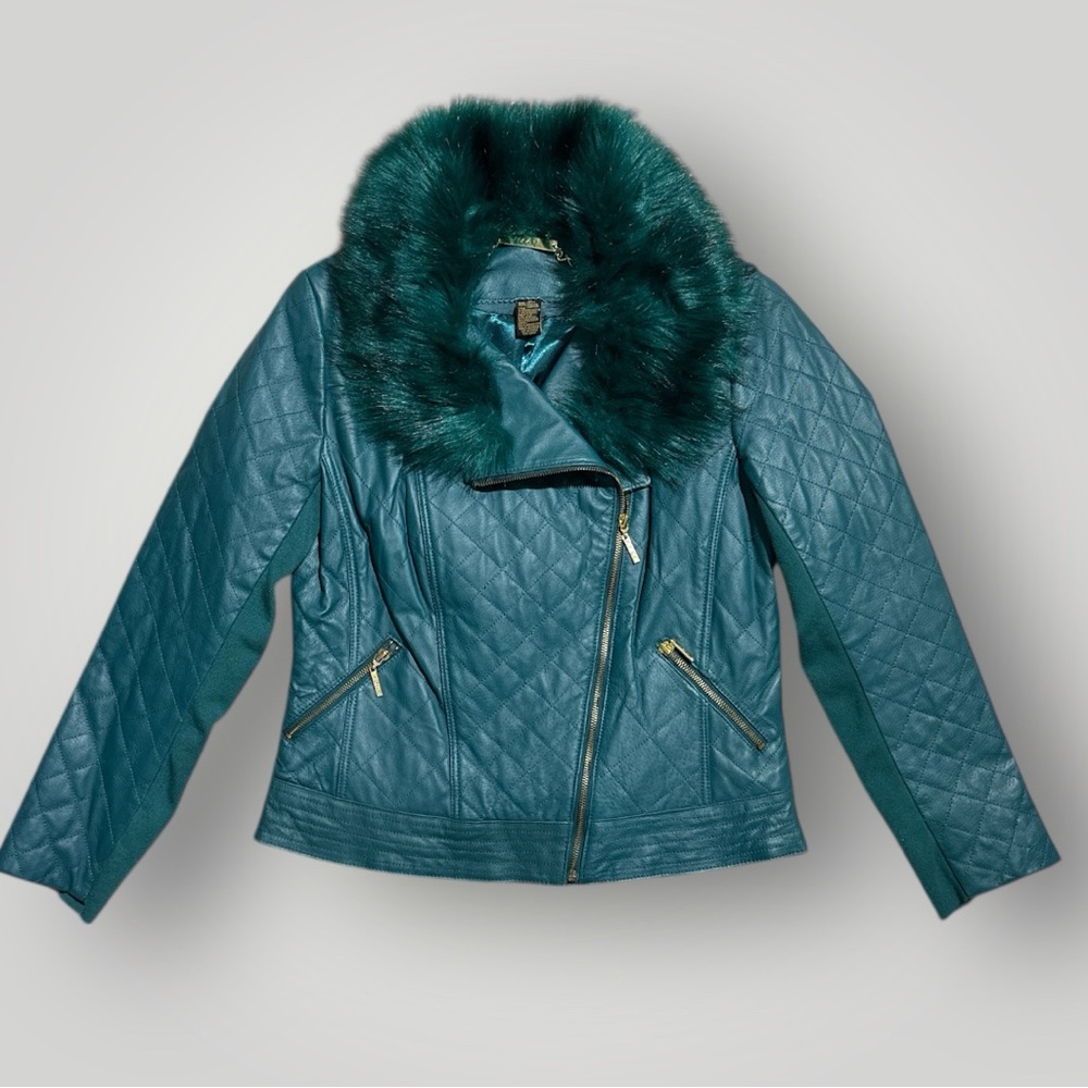 IMAN Genuine Leather Quilted
Moto Jacket Teal Faux Fur Collar
Gold Zip Medium